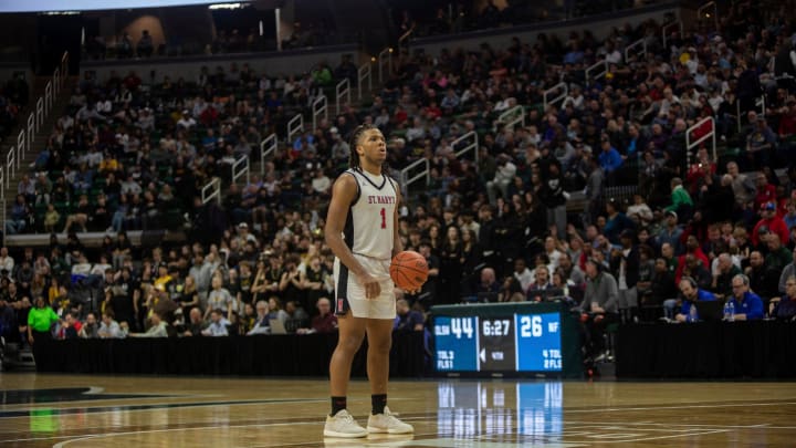 Orchard Lake St. Mary's Trey McKenney stands at the free throw line during the MHSAA Div. 1 state finals game against North Farmington at the Breslin Center in East Lansing on Saturday, March 16, 2024.