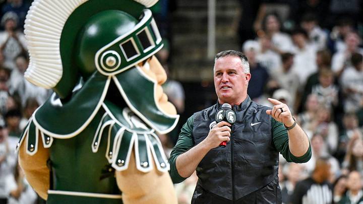 Michigan State's new football coach Pat Fitzgerald addresses the crowd during a timeout in the first half of the Spartans basketball game against Iowa on Tuesday, Dec. 2, 2025, at the Breslin Center in East Lansing.