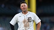 May 27, 2025; Detroit, Michigan, USA;  Detroit Tigers first baseman Spencer Torkelson  waits for a teammate to bring him his hat and glove after striking out to end the eighth inning  against the San Francisco Giants at Comerica Park. 