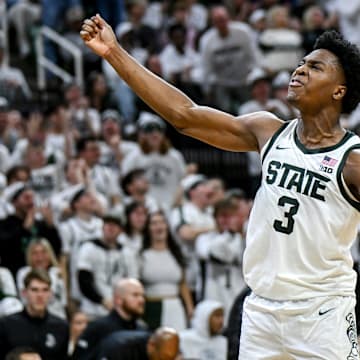 Michigan State's Cam Ward celebrates after an Arkansas foul during the second half on Saturday, Nov. 8, 2025, at the Breslin Center in East Lansing.