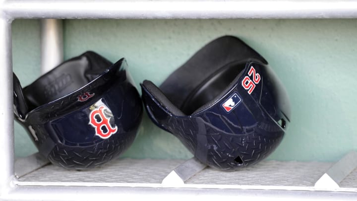 Mar 8, 2012; Fort Myers, FL, USA; Boston Red Sox right fielder Ryan Sweeney (not pictured) batting helmet in the dugout before the game between the Red Sox and the Minnesota Twins at JetBlue Park. Mandatory Credit: Jerome Miron-US PRESSWIRE