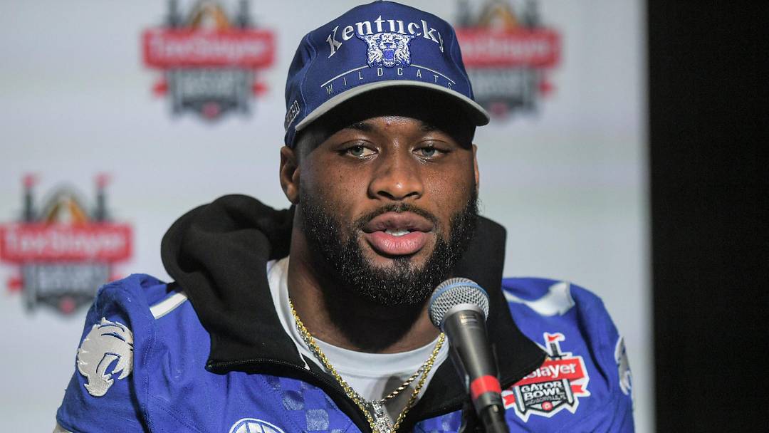 December 28, 2023; Jacksonville, FL; Kentucky running back Ray Davis (1) talks with media at the TaxSlayer Gator Bowl Press Conference at EverBank Stadium.  Mandatory Credit: Ken Ruinard-USA TODAY NETWORK.