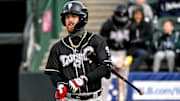 Lugnuts' Tommy White prepares to bat against Michigan State in the first inning on Tuesday, April 1, 2025, during the Crosstown Showdown at Jackson Field in Lansing.