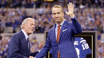 Former Colts quarterback Peyton Manning and team owner Jim Irsay during the halftime festivities.