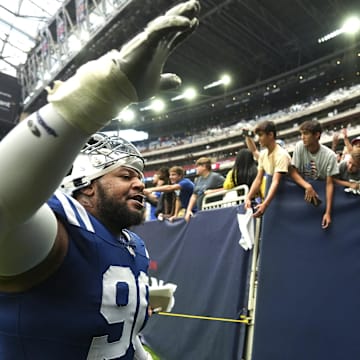 Sep 17, 2023; Houston, Texas, USA;Indianapolis Colts defensive tackle Grover Stewart (90) leaves the field after they defeated the Houston Texans at NRG Stadium. Mandatory Credit: Jenna Watson-Imagn Images