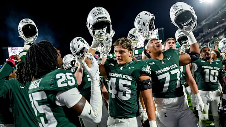 Michigan State celebrates after the Spartans win over Western Michigan on Friday, Aug. 29, 2025, in East Lansing.