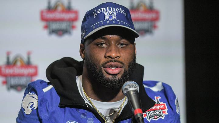 December 28, 2023; Jacksonville, FL; Kentucky running back Ray Davis (1) talks with media at the TaxSlayer Gator Bowl Press Conference at EverBank Stadium.  Mandatory Credit: Ken Ruinard-USA TODAY NETWORK.