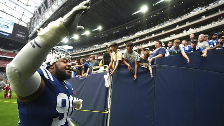 Sep 17, 2023; Houston, Texas, USA;Indianapolis Colts defensive tackle Grover Stewart (90) leaves the field after they defeated the Houston Texans at NRG Stadium. Mandatory Credit: Jenna Watson-Imagn Images