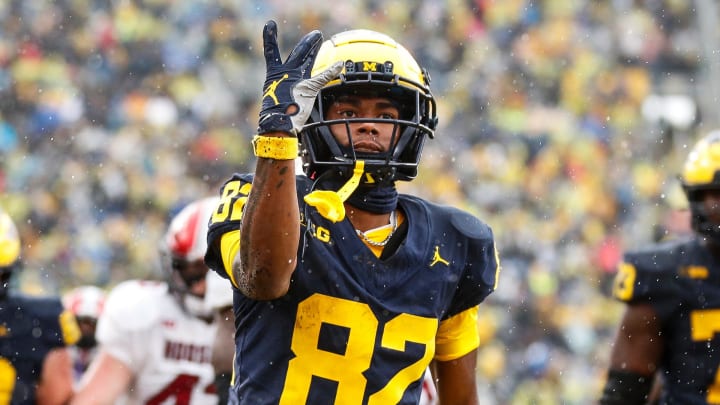 Michigan wide receiver Semaj Morgan celebrates a touchdown during the second half of U-M's 52-7 win over Indiana on Saturday, Oct. 14, 2023, in Ann Arbor.