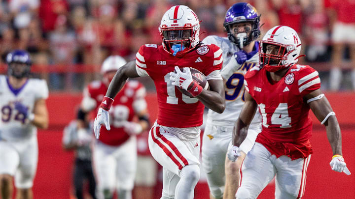 Nebraska wide receiver Jaylen Lloyd gains 59 yards on a catch against Northern Iowa while Rahmir Johnson looks for someone to block.