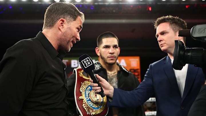 Eddie Hearn, Chairman of Matchroom Sport, is interviewed by Chris Mannix after Edgar Berlanga's fight against Jonathan Gonzalez-Ortiz on the Matchroom Boxing card on March 15, 2025 at Caribe Royale in Orlando, Florida. 