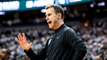 Duke's head coach Jon Scheyer calls out to players during the first half in the game against Michigan State on Saturday, Dec. 6, 2025, at the Breslin Center in East Lansing.