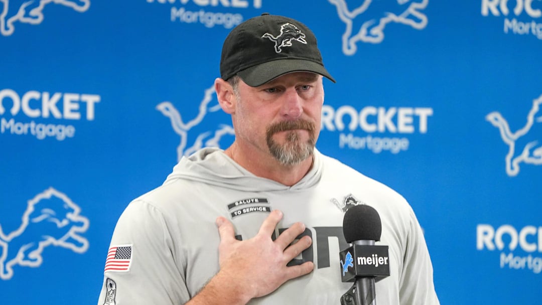 Detroit Lions head coach Dan Campbell speaks to members of the media at the Detroit Lions practice facility in Allen Park on Monday, Jan. 20, 2025, following his team’s NFC divisional playoff loss.