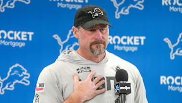 Detroit Lions head coach Dan Campbell speaks to members of the media at the Detroit Lions practice facility in Allen Park on Monday, Jan. 20, 2025, following his team’s NFC divisional playoff loss.