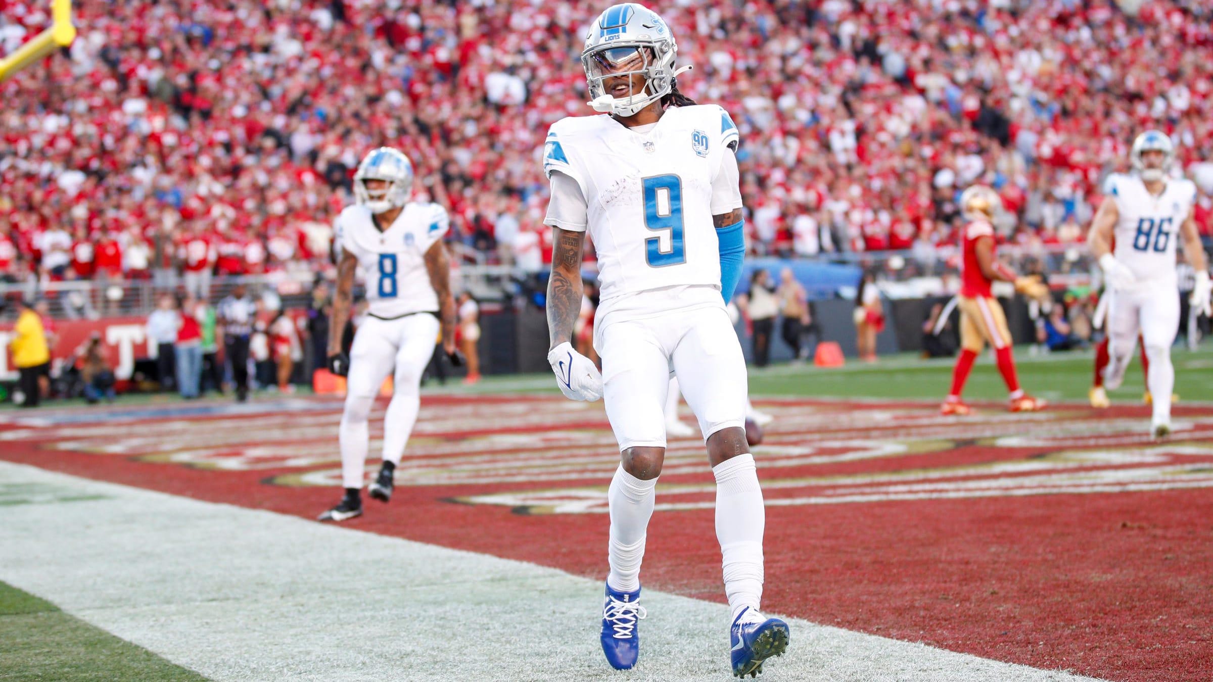 Lions wide receiver Jameson Williams celebrates a touchdown against the 49ers in the first quarter.
