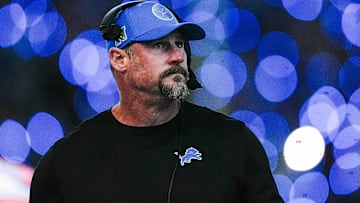 Detroit Lions head coach Dan Campbell looks on at a timeout against Chicago Bears during the second half at Ford Field.