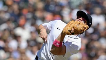 Detroit Tigers third baseman Jace Jung (17) catches an infield pop up against the Texas Rangers in the fifth inning at Comerica Park on May 11.
