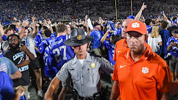Sep 4, 2023; Durham, North Carolina, USA; Clemson Tigers head coach Dabo Swinney walks off the field after losing to the Duke Blue Devils at Wallace Wade Stadium in Durham, N.C. Mandatory Credit: Ken Ruinard-Imagn Images
