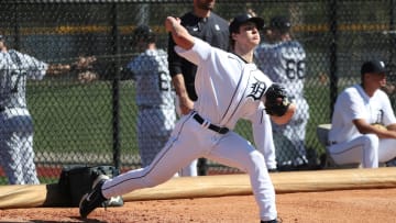 Detroit Tigers right handed pitching prospect Jackson Jobe throws during minor-league minicamp Sunday, Feb. 20, 2022, at TigerTown in Lakeland, Florida.