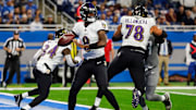 Baltimore Ravens quarterback Lamar Jackson makes a pass against the Detroit Lions during the first half at Ford Field in Detroit on Sunday, Sept. 26, 2021.