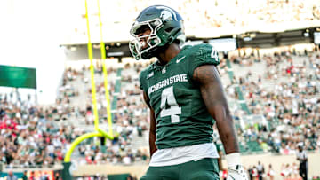 Michigan State's Elijah Tau-Tolliver celebrates his touchdown against Youngstown State during the fourth quarter on Saturday, Sept. 13, 2025, at Spartan Stadium in East Lansing.