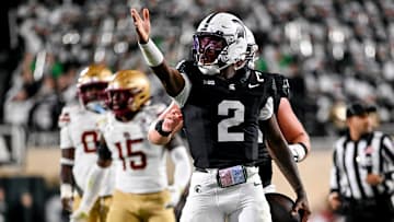 Michigan State's Aidan Chiles celebrates after a first down run against Boston College during the fourth quarter on Saturday, Sept. 6, 2025, at Spartan Stadium in East Lansing.