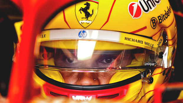 A close-up image of Lewis Hamilton in the Ferrari F1 car during the second practice session at the Australian Grand Prix.