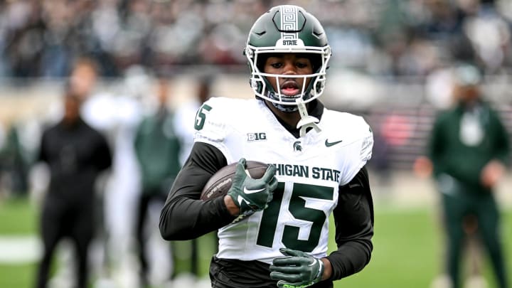 Michigan State's Nick Marsh participates in a drill during the Spring Showcase on Saturday, April 20, 2024, at Spartan Stadium in East Lansing.