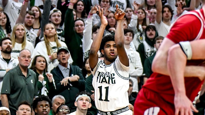 Michigan State's Jase Richardson makes a 3-pointer against Wisconsin during the second half on Sunday, March 2, 2025, at the Breslin Center in East Lansing.