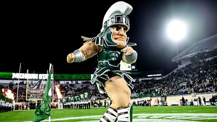 Sparty takes the field before Michigan State's football game against Purdue on Friday, Nov. 22, 2024, at Spartan Stadium in East Lansing.