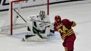 Gabe Perreault of Boston College scores against MSU goaltender Trey Augustine, Saturday, Oct. 12, 2024, at Munn Ice Arena in East Lansing. MSU won 4-3.