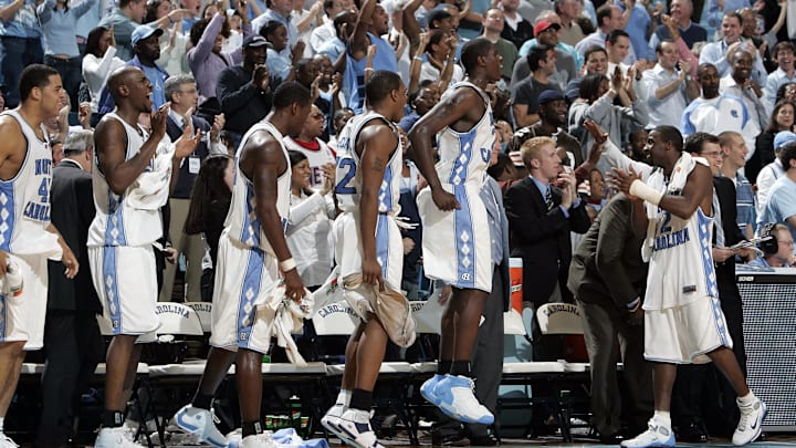 Jan 8, 2005; Chapel Hill, NC, USA; UNC Tar Heel players celebrate on the bench in UNC's 109-75 win over the Maryland Terapins.
Mandatory Credit: Photo By Bob Donnan-Imagn Images