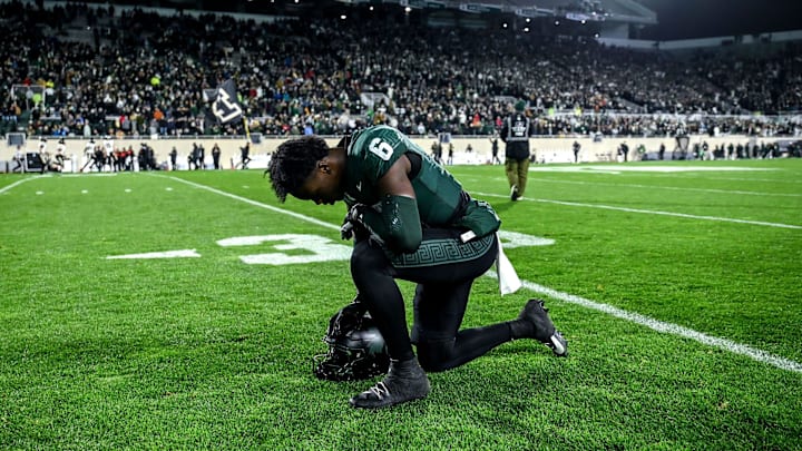Michigan State's Nick Marsh takes a moment alone before the football game against Purdue on Friday, Nov. 22, 2024, at Spartan Stadium in East Lansing.
