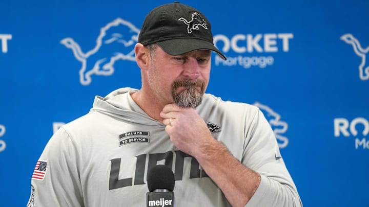 Detroit Lions head coach Dan Campbell speaks to members of the media at the Detroit Lions practice facility in Allen Park on Monday, Jan. 20, 2025, following his team’s NFC divisional playoff loss.