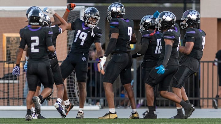 Rancho Cucamonga celebrates after returning an interception for a touchdown during the first quarter on Friday, Sept. 5, 2025. Rancho Cucamonga won the game 14-3.