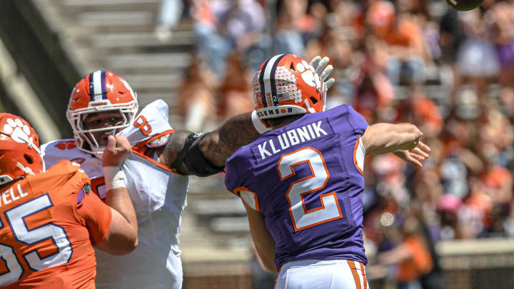 Clemson defensive tackle TrŽ Williams (8) tries to break up a pass from Clemson quarterback Cade Klubnik (2) during the Spring football game in Clemson, S.C. Saturday, April 6, 2024.