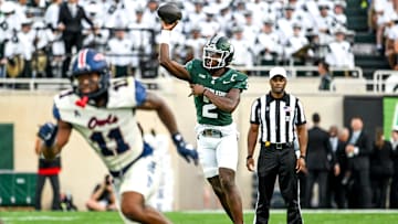 Michigan State's Aidan Chiles throws a pass against Florida Atlantic during the first quarter on Friday, Aug. 30, 2024, at Spartan Stadium in East Lansing.