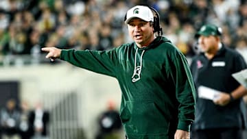 Michigan State's head coach Jonathan Smith calls out to a referee in the second quarter in the game against Iowa on Saturday, Oct. 19, 2024, at Spartan Stadium in East Lansing.
