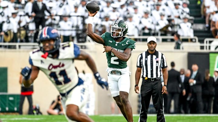 Michigan State's Aidan Chiles throws a pass against Florida Atlantic during the first quarter on Friday, Aug. 30, 2024, at Spartan Stadium in East Lansing.