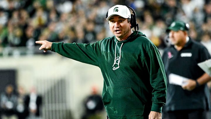 Michigan State's head coach Jonathan Smith calls out to a referee in the second quarter in the game against Iowa on Saturday, Oct. 19, 2024, at Spartan Stadium in East Lansing.