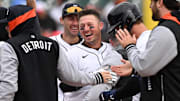 Detroit Tigers first baseman Spencer Torkelson (20) celebrates with his teammates after hitting a walk-off double against the Chicago White Sox at Comerica Park. 