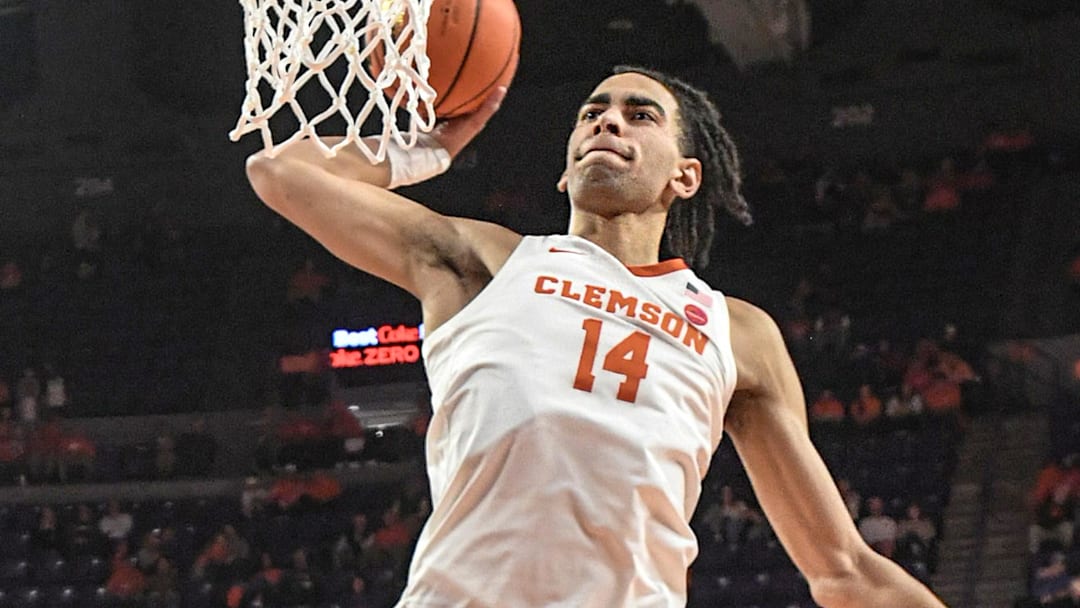 Nov 4, 2024; Clemson, SC, USA; Clemson center Christian Reeves (14) warms up before tipoff at Littlejohn Coliseum in Clemson, S.C Monday, November 4, 2024.       Mandatory Credit: Ken Ruinard/USA TODAY Network via Imagn Images 