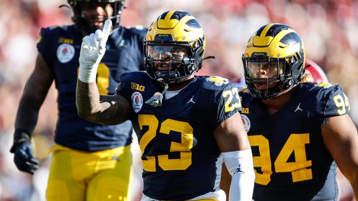 Michigan linebacker Michael Barrett celebrates a play against Alabama during the first half of the Rose Bowl in Pasadena, California, on Monday, Jan. 1, 2024.