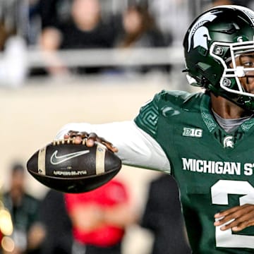 Michigan State's Aidan Chiles throws a pass against Ohio State during the second quarter on Saturday, Sept. 28, 2024, at Spartan Stadium in East Lansing.