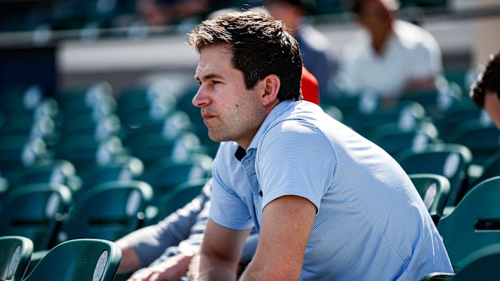 Detroit Tigers president of baseball operations Scott Harris watches live batting practice during spring training at TigerTown in Lakeland, Fla. on Friday, Feb. 23, 2024.