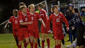 Indiana players celebrate after junior Patrick McDonald (22) scored to tie the game in the second half of an NCAA Tournament men's soccer quarterfinal game against Notre Dame Saturday, Dec. 2, 2023, at Alumni Stadium in South Bend. Also pictured is Collins Oduro (11), Clay Murador (20), Sam Sarver (9) and Joey Maher (2). Of those Hoosiers, all but Maher return in 2024.
