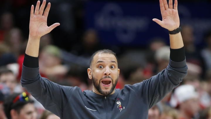 Dec 3, 2023; Columbus, Ohio, USA;  Minnesota Golden Gophers head coach Ben Johnson reacts to a call during the second half against the Ohio State Buckeyes at Value City Arena. Mandatory Credit: Joseph Maiorana-USA TODAY Sports