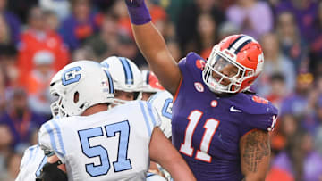 Nov 23, 2024; Clemson, South Carolina, USA; Clemson Tigers defensive lineman Peter Woods (11) reacts after sacking The Citadel Bulldogs quarterback Johnathan Bennett (11) during the first half at Memorial Stadium. Mandatory Credit: Ken Ruinard-Imagn Images