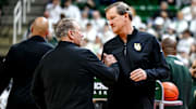 Michigan State's head coach Tom Izzo, left, and Oregon's head coach Dana Altman shake hands before the game on Saturday, Feb. 8, 2025, at the Breslin Center East Lansing.