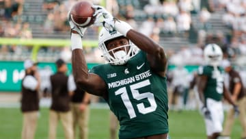 Michigan State wide receiver Jaron Glover makes a catch during warmups before the game against Western Michigan at Spartan Stadium in East Lansing on Friday, Sept. 2, 2022.